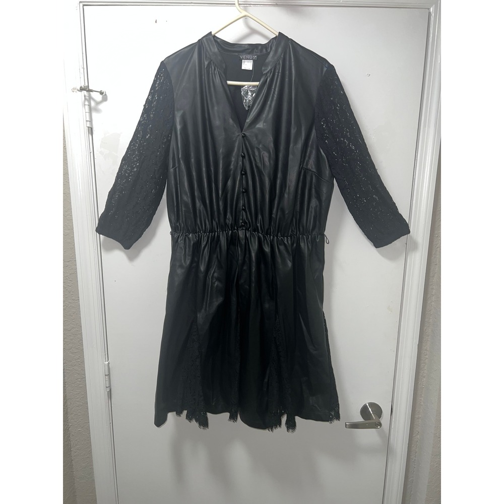 Venus Black Faux Leather Lace Trim Midi Dress Button Front Elastic Waist Size 18 - Picture 6 of 12